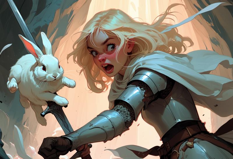 00009-3723253515-Art by Charlie Bowater. Closeup of a playful and chaotic scene of a blonde knight fighting white rabbit. _BREAK_The blonde knigh.png